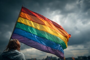 Celebrating identity and joy at the lgbtq parade. True vision. Pride unfurled: a transgender woman and her celebratory flag. Press photo. Documentary view.