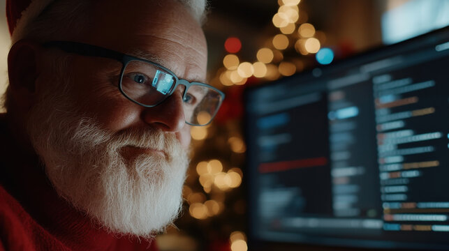 An elderly man with a Santa hat works on coding against a backdrop of festive lights, merging holiday spirit and modern technology in a warm setting. - Powered by Adobe
