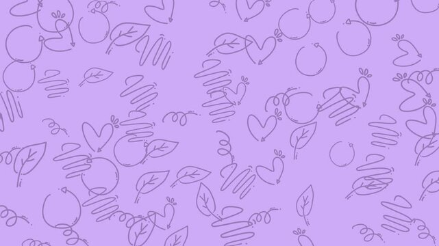 Charming hand-drawn doodle elements featuring hearts with arrows, circular arrows, squiggles, and leaves, forming a light purple seamless pattern background design