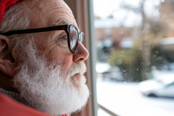An elderly man with glasses gazes thoughtfully out a window towards a snowy landscape, showcasing a moment of reflection and tranquility in a winter setting.
