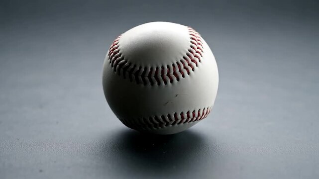 High quality close up shot of a classic white leather baseball with red stitching resting on a dark gray minimalist studio background with soft lighting