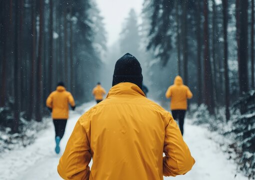 People are training and jogging together through a snow covered forest path during cold snowy weather, showing determination