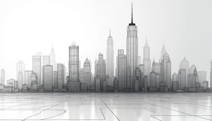 Minimalist monochrome line art illustration of a cityscape. A modern skyline presents a business district urban scene with tall buildings and skyscrapers. The design reflects modern architecture