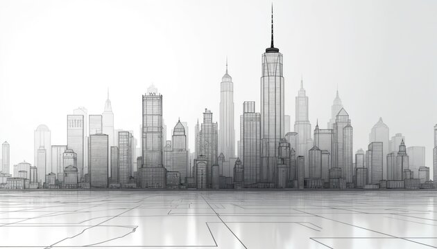 Minimalist monochrome line art illustration of a cityscape. A modern skyline presents a business district urban scene with tall buildings and skyscrapers. The design reflects modern architecture