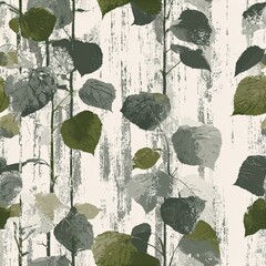Naklejka premium Seamless pattern with a grunge background and green leaves on tree branches. Botanical graphic print for textile, fabric, wallpaper, card.