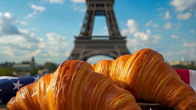 American Flag and French Croissants Against Eiffel Tower, Symbols of French Culture on International Francophonie Day