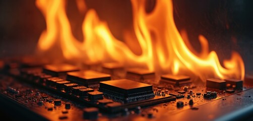 Electronic circuit board burns in bright orange flames. Tech hardware melt from extreme heat. Concept shows computer failure, device malfunction, digital error, data loss, fire accident danger.
