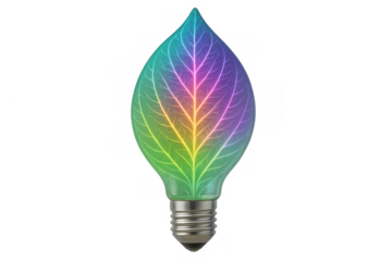 Leaf light bulb merging nature and technology, symbolizing green energy, renewable power, and sustainable solutions with colorful glow