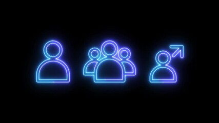 Glowing neon user icon animation on a alpha channel transparency. Includes single user, user group, and user with arrow.