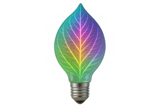 Leaf light bulb merging nature and technology, symbolizing green energy, renewable power, and sustainable solutions with colorful glow