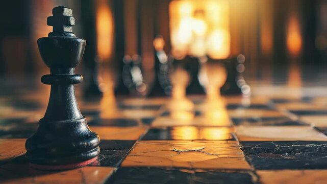 Close-up of black king chess piece on chessboard with blurred pieces in background