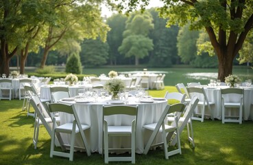 Outdoor wedding reception with round tables on green grass lawn. White tablecloths adorn tables with flower decor and set plates. Chairs surround in garden near river under trees prepare event.