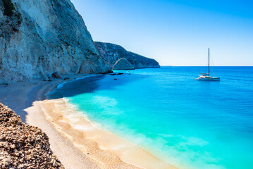Amazing Porto Katsiki beach with white rock cliffs and blue azure sea, Lefkada island, Greece
