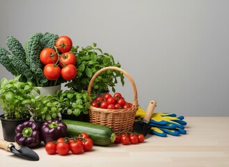 Freshly harvested organic vegetables and herbs with gardening tools on a wooden table, featuring vibrant red tomatoes, dark green kale, purple bell peppers, zucchini, basil, mint, a wicker basket, tro