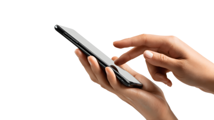 Hands holding smartphone with finger touching screen on transparent background