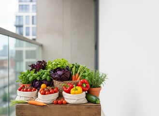 Fresh organic vegetables including vibrant tomatoes, red cabbage, bell peppers, carrots, and potted herbs on a rustic wooden crate on an urban balcony.
