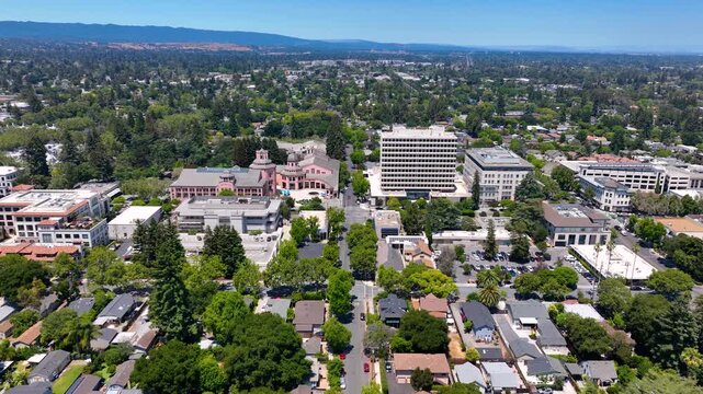 Mountain View historic city center aerial view on Mercy Street including City Hall and Center for the Performing Arts, Mountain View, California CA, USA. 