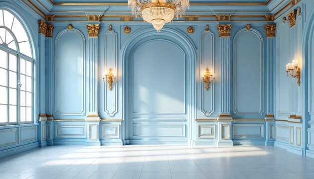 Grand luxurious empty room boasts light blue walls, ornate gold molding trim. Crystal chandelier hangs from high ceiling. Golden wall sconces glow with soft light. Large arched window casts bright