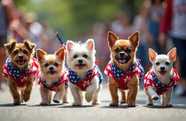 Small dogs walk on street wearing patriotic US flag themed outfits. Group of pets celebrates national holiday at city parade. Cute puppies in festive costumes enjoy event outdoors.