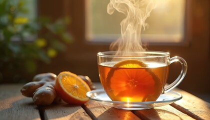 Steaming hot ginger tea in clear mug with orange slice. Fresh ginger root and citrus halves rest on wooden table. Natural morning light warms this healthy beverage.