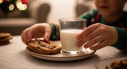 Child reaching for cookie and milk at christmas