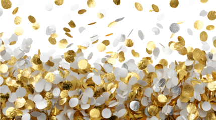 Gold and silver round confetti falling in festive celebration pattern on transparent background