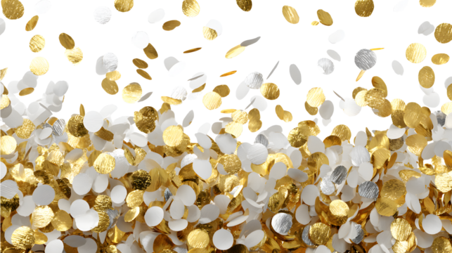 Gold and silver round confetti falling in festive celebration pattern on transparent background