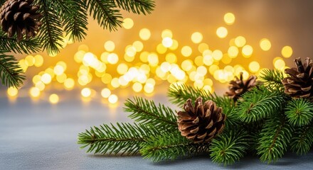 Christmas fir branches with pine cones and bokeh lights