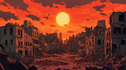 A city with a large sun in the sky