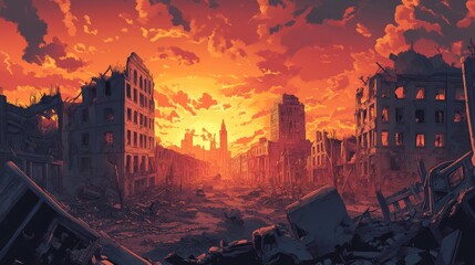 A city with a destroyed skyline and a sunset in the background