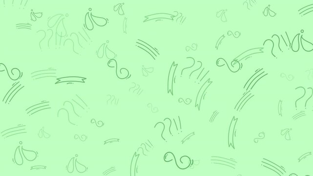 Cute, light green background featuring a seamless pattern of hand-drawn doodle icons like question marks, exclamation points, and abstract swirls