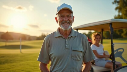 Smiling older man poses at golf course. He wears a cap and polo shirt enjoying leisure time. Other golfers and golf cart present on background.