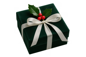 Green velvet gift box with cream ribbon, bow, holly leaves, and red berries, celebrating christmas and holiday season