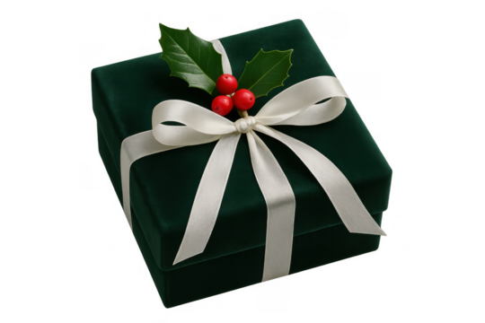 Green velvet gift box with cream ribbon, bow, holly leaves, and red berries, celebrating christmas and holiday season - Powered by Adobe