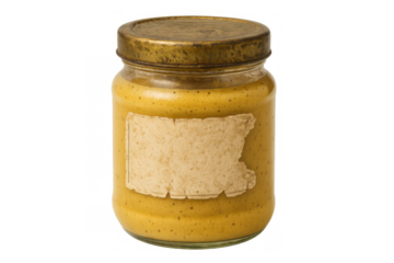 Vintage mustard jar with blank aged label and old metal lid, showing traditional condiment and food