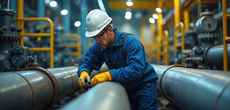 Man engineer in hard hat inspects pipeline. Worker checks pipe connection in industrial plant. Performs maintenance service at factory with many pipes. Energy industry tech works hard with machinery. - Powered by Adobe