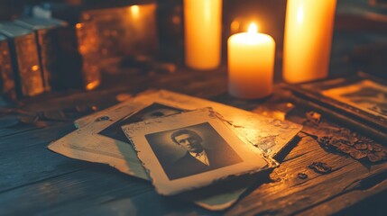 A man's picture is on a table with candles and books