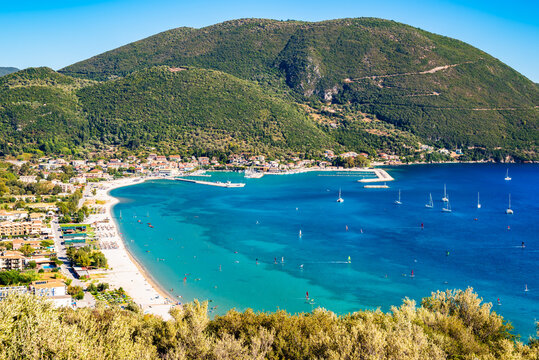 View of sea bay with beach and Vassiliki port, Lefkada island, Greece