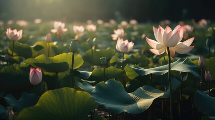 A field of pink flowers with green leaves