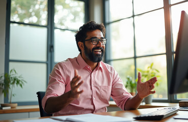 Indian man in glasses attends video call from office. Male businessman smiles during online meeting. He works at home or remote, uses laptop for conference call.