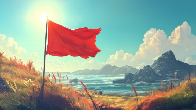 A red flag is on a hillside next to a body of water