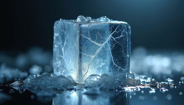 Large clear ice cube slowly melts on dark reflective surface. Many intricate cracks fill blue ice, creating detailed web like pattern. Water droplets, small ice pieces surround it. Cold, fresh, cool.