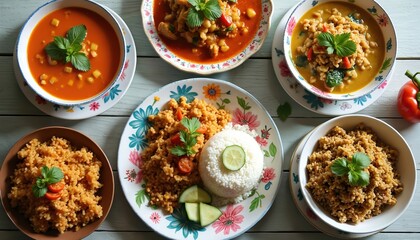 Top view of several traditional Thai dishes served on plates. Food includes rice soup vegetables meat. The cuisine provides a vibrant culinary experience.