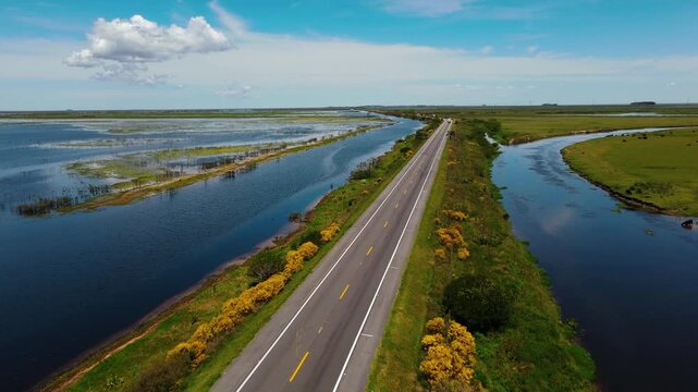 Aerial View of Highway Between Lagoons in Chuy, Rio Grande do Sul, Brazil