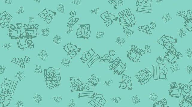 Mint background with a seamless pattern of various finance icons. Great for finance and business themes