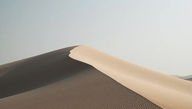 A serene, vast desert landscape bathed in soft light, showcasing the undulating curves of sand dunes under a pale, clear sky, evoking a sense of timelessness and solitude