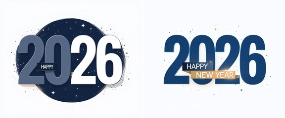 2026 New Year celebration graphics with 'Happy New Year' text in blue and white color palettes, showcasing festive countdown themes for digital and print media designs