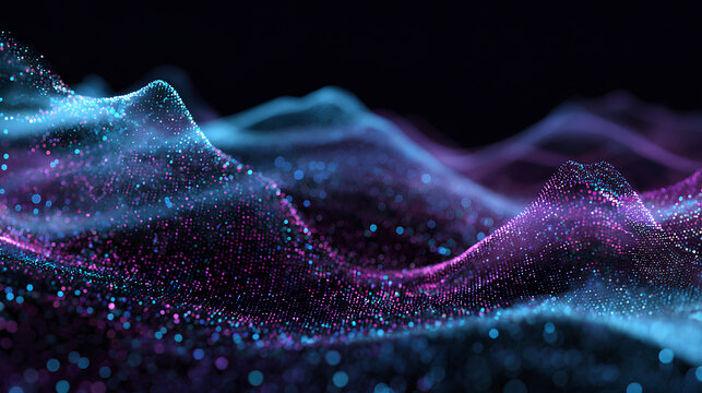 Abstract futuristic digital waves background. Purple and blue waves of neon glowing particles flowing with bokeh. Information technology concept, data science, AI. Gradient waves. Stock Illustration