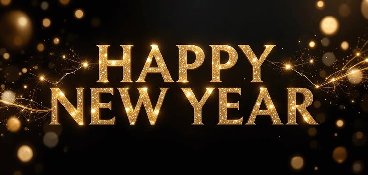 Happy New Year shimmering golden text with bokeh lights and sparks against a dark background, celebrating the arrival of the new year