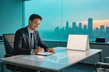 A smiling businessman in a suit uses a digital tablet to interact with a holographic city map on his desk, set against a futuristic office backdrop with a glowing city skyline at dusk.